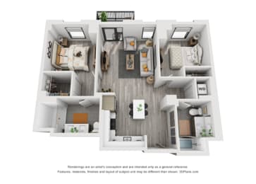 2 bed 2 bath 1,044 Sq. Ft. 2A floor plan at Residences at Addison Clark, Chicago, Illinois