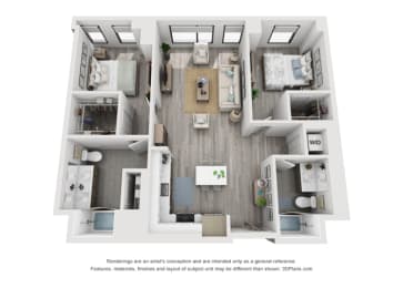2 bed 2 bath 1,186 Sq. Ft. 2E floor plan at Residences at Addison Clark, Chicago