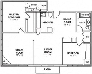 Floor Plan  F1 & F2 - 2 Bedroom, 2 Bath with Greatroom and Fireplace