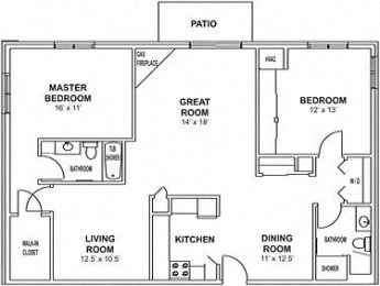 Floor Plan  F3 - 2 Bedroom, 2 Bath with Greatroom and Fireplace