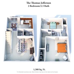 Two Bed Two Bath Floor Plan at Revere Village Apartments, Centerville, Ohio