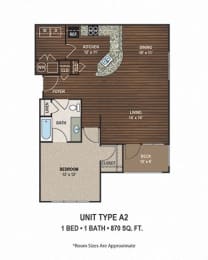 A2 870 Sq.Ft. Floor Plan at Ascent at Mallard Creek Apartment Homes, Charlotte, NC