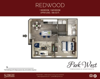 Redwood  Floor Plan at Park West, Canton, 48187