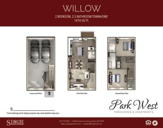 Willow Floor Plan at Park West, Canton, MI, 48187