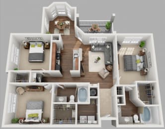 3d 3 bedroom floor plan | Plantation at the Woodlands Apartments in The Woodlands, TX