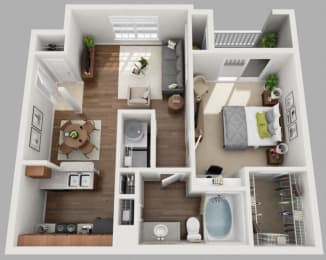 1 Bed 1 Bath Floor Plan | 674 Sq. Ft. at Volare at the Woodlands, The Woodlands, TX, 77384