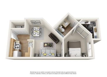 3d 1 bedroom floor plan | Element Deer Valley Apartments Phoenix, Arizona