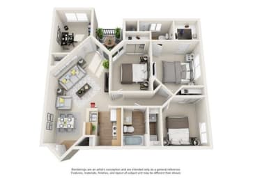 3d 3 bedroom floor plan | Element Deer Valley Apartments Phoenix, Arizona