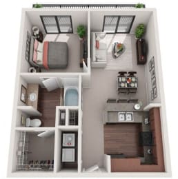 1 Bed 1 Bath Floor Plan | 696 Sq. Ft. at  Gramercy on the Park Apartments in Dallas, TX