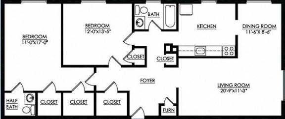  Floor Plan 2 Bedroom 1.5 Bath