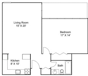 1 bed 1bath B Floor plan at Hillsborough Apartments, Minnesota