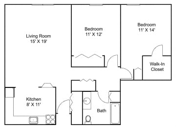 2 bed 1 bath C Floor plan at Hillsborough Apartments, Minnesota