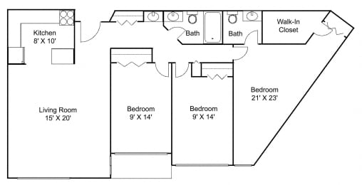 3 bed 2 bath B Floor plan at Hillsborough Apartments, Roseville, Minnesota