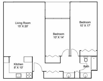 2 bed 1 bath h Floor plan at Hillsborough Apartments, Roseville, MN 55113