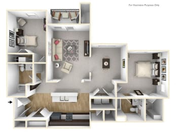 A 3D view of a 2 bedroom floor plan