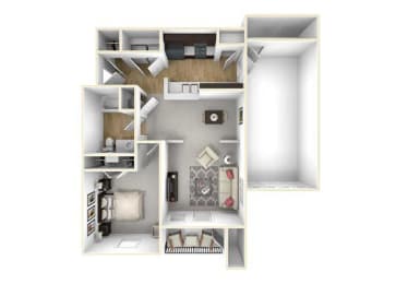 A 3D view of a 1 bedroom floor plan