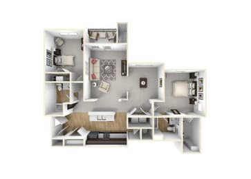 A 3D view of a 2 bedroom floor plan