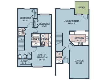 three bedroom floor plan apartment with patio