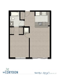 One Bedroom B3 1 FloorPlan at The Corydon, Washington, 98105