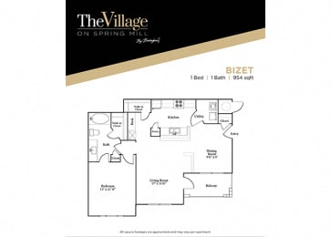 1 bedroom 1 bathroom Bizet FloorPlan, 954 Sq. Ft. at The Village on Spring Mill, Carmel