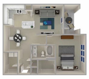 The floor plan for The Cameron featuring a kitchen, living room, and bathroom.