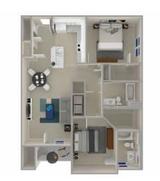 A 3D floor plan of The Elyse: a luxury apartment with a kitchen, living room, and bathroom.