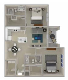 A diagram of The Emma layout with a kitchen, living room, and bathroom.