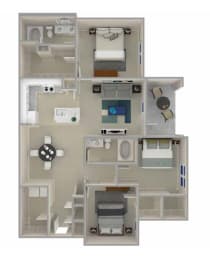 A 3D floor plan of the Floyd layout featuring 2 bedrooms.