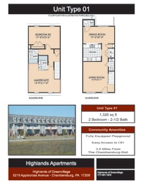 2 Bed 2.5 Bath Floor Plan at Highlands of Greenvillage*, Chambersburg, 17202