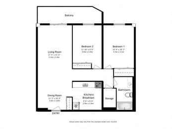 Floor Plan  Two bedroom, one bathroom apartment layout at Wellington Park Towers in St. Thomas, ON