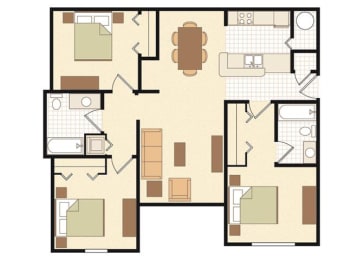 Three Bedroom Two Bathroom Floor Plan 1,087 Square Feet