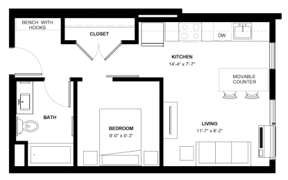 Floor Plan  Bryant 1-bedroom floor plan at The Central apartments near downtown Minneapolis MN