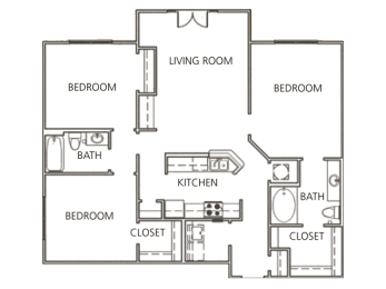 3 Bedroom 2 Bath 1,302 Sq.Ft. Esplande Floor Plan at The Orleans of Decatur, Decatur, GA, 30033