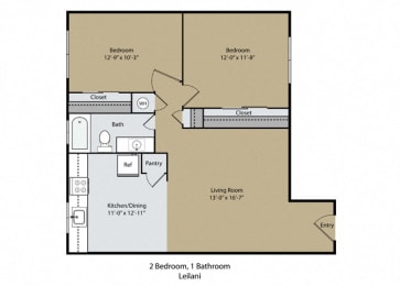 2 bed 2 bath A Leilani Floor Plan at Reef Apartments, Fresno, CA, 93704