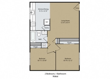 2 bed 2 bath B Makai Floor Plan at Reef Apartments, Fresno, CA