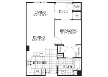 Aspen – 1 Bedroom 1 Bath Floor Plan Layout – 692 Square Feet