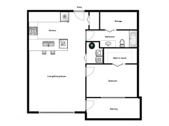 One bedroom, one bathroom apartment layout at Summerhill Place in Nanaimo, BC