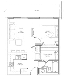 One bedroom, one bathroom apartment layout at Summerhill Place in Nanaimo, BC