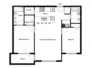 Two bedroom, two bathroom apartment layout at Summerhill Place in Nanaimo, BC
