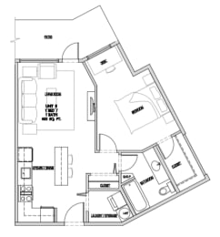 One bedroom, one bathroom apartment layout at Summerhill Place in Nanaimo, BC