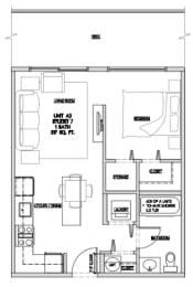 One bedroom, one bathroom apartment layout at Summerhill Place in Nanaimo, BC
