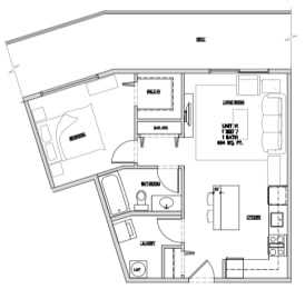 One bedroom, one bathroom apartment layout at Summerhill Place in Nanaimo, BC