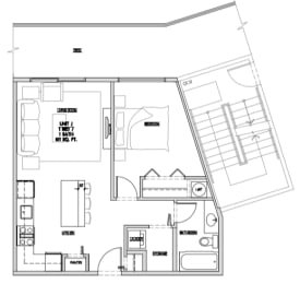 One bedroom, one bathroom apartment layout at Summerhill Place in Nanaimo, BC
