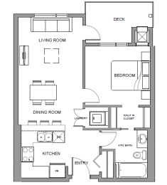 One bedroom, one bathroom apartment layout at Glenmore Central in Kelowna, BC
