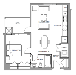 One bedroom, one bathroom apartment layout at Glenmore Central in Kelowna, BC