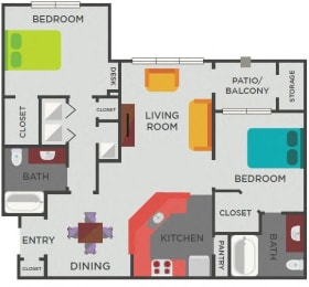 2 bed 2bath B2 Floor Plan  at The Berkeley Apartments, Georgia, 30096