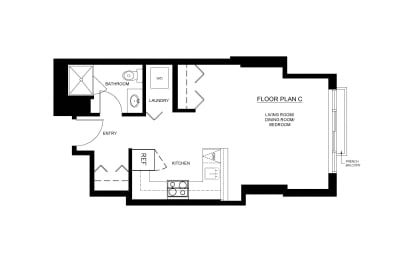 Studio apartment + 1 bathroom floor plan at Wesley Place apartment in Vancouver, British Columbia