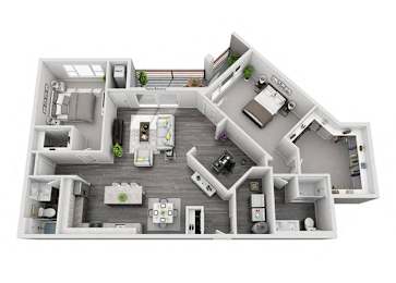 3D floorplan of 2bd2ba apartment  at Arden of Oak Brook, Oakbrook Terrace, Illinois