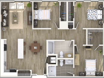 Three Bedroom Two Bathroom Floorplan at North Square Apartments at The Mill District, Amherst, MA