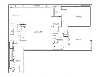 Two bedroom, one bathroom apartment layout at Millside Apartments in Milton, ON